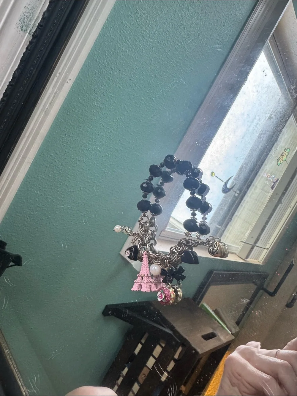 Betsey Johnson Black Bead Charm Bracelet with Pink Eiffel Tower